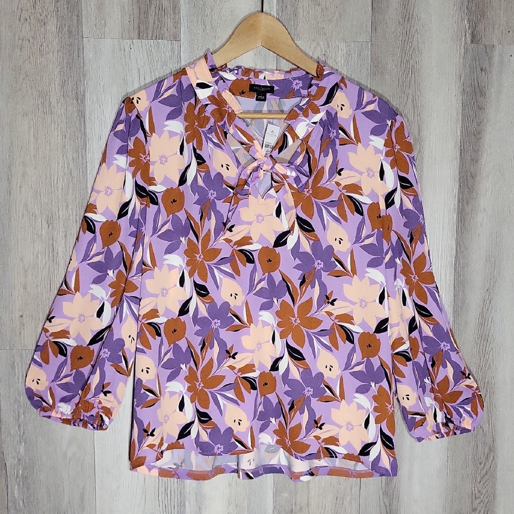 Ann Taylor Womens Large Floral Blouse V Neck 3/4 Sleeve Ruffle‎ Tie Neck NEW